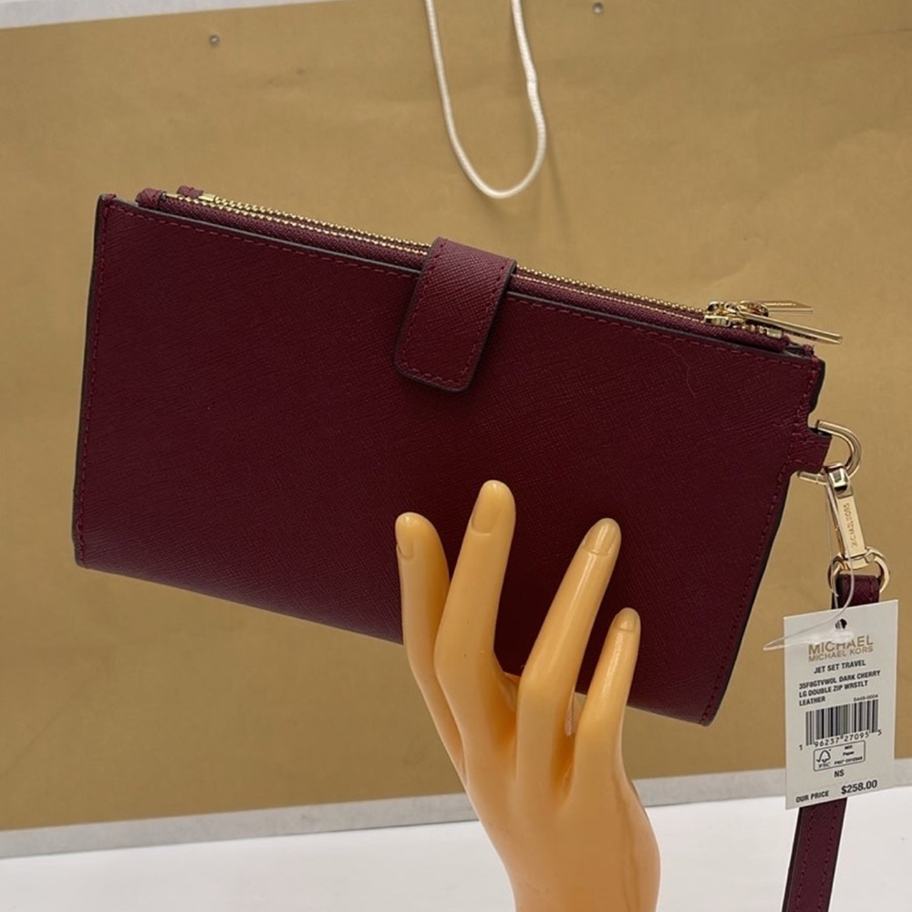 MICHAEL KORS Jet Set Travel LG Double Zip Wristlet Wallet Leather Dark Cherry - Picture 15 of 16